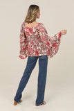 V Neck Wide Bell Sleeve Printed Blouse - Wild Skyes